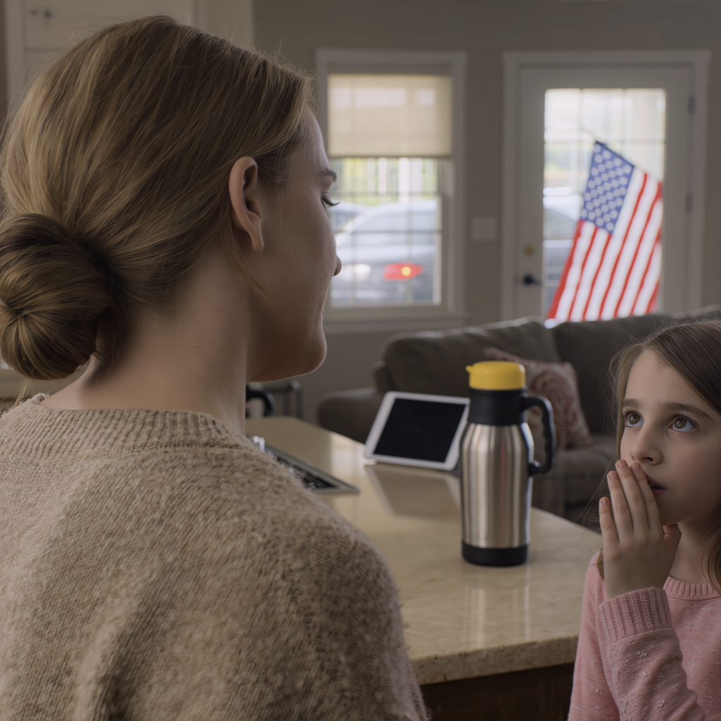 My sister dragged her husband off on a Caribbean cruise, dumping her 8-year-old “mute-from-birth” daughter on me; the moment the door slammed shut, the girl stared straight at me and spoke in a crystal-clear voice: “Auntie, don’t drink the thermos of tea Mom left… Mom planned it all.” I stood frozen, staring at the yellow lid on the kitchen counter, and decided to play my sister’s game — but by my rules.