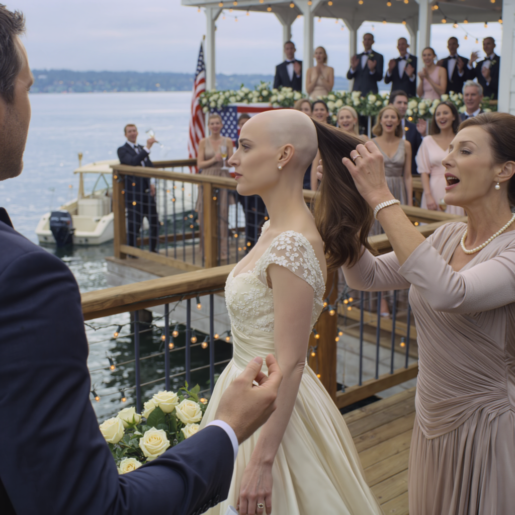 Our wedding by Lake Washington had just reached the first dance when my mother-in-law lunged and yanked my wig clean off my head in front of the cameras — I stood frozen as a champagne flute shattered — my husband didn’t argue: he snatched it back, hurled it into the lake, and said one sentence that made the entire reception explode into applause… then a few weeks later, her trembling letter pulled me into an unbelievable choice.