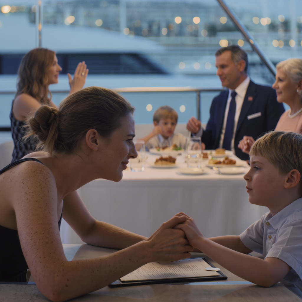 At the yacht club dinner by the harbor, my sister casually said, “Nobody ordered for your son,” shoving a cold bread basket at him while her kids ate $120 steaks and dessert. My dad added, “You should’ve packed him something.” I just smiled: “Noted.” When the waiter came back, I stood up and said one sentence that made the head table go dead silent…