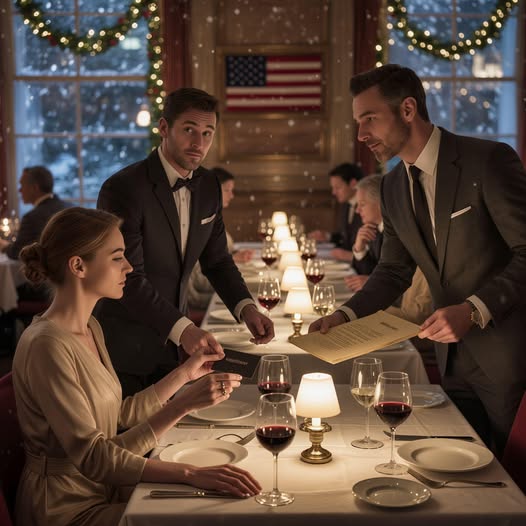 My husband served me divorce papers on Christmas Eve while forty of his relatives laughed, and his father raised a wineglass to my “homelessness” like it was a holiday toast—so I didn’t cry, didn’t beg, didn’t even open the envelope, I just handed the waiter a matte-black card and said, calmly, “I’m paying for everyone,” and the room froze the second he read the name.