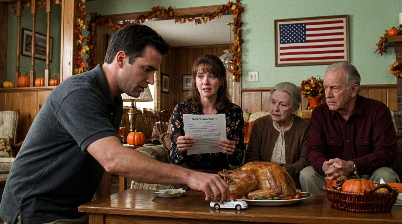 MY WIFE CHOSE TO GIVE ME DIVORCE PAPERS ON THANKSGIVING DAY… THEN HER WHOLE FAMILY STARTED APPLAUDING. BUT WHEN SHE OPENED MY GIFT, HER FACE WENT PALE BECAUSE INSIDE WAS…