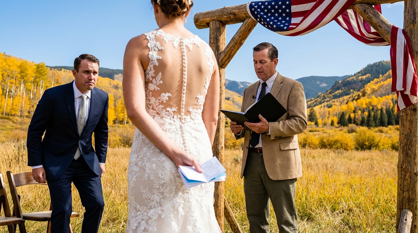 For six months, my daughter’s fiancé kept hovering around, asking about the property line of my Colorado ranch—at dinner, on walks—like he was measuring it with his eyes; I thought it was just curiosity. But during the wedding out in the meadow, right as she was about to say “I do,” she quietly pulled a note from her bouquet and shoved it into my hand: “Dad, help me.” I shot to my feet and…