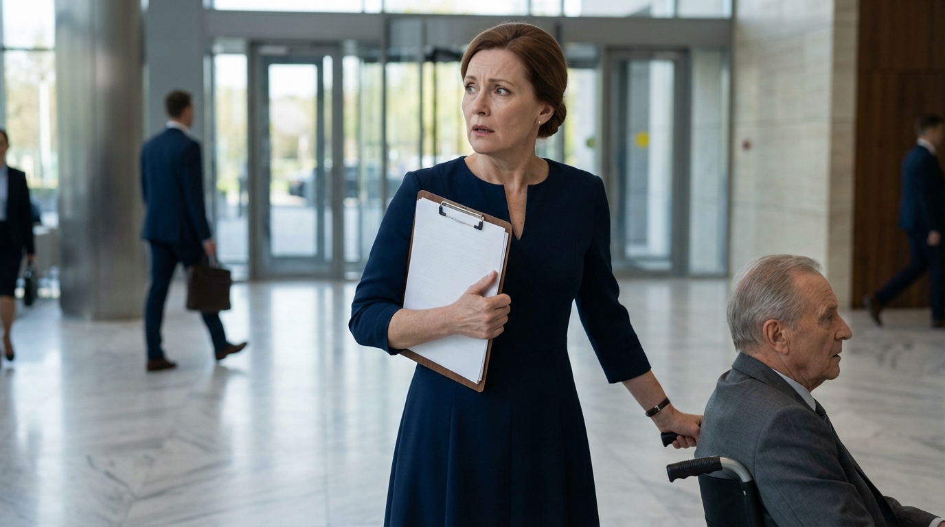 Rushing to the inheritance meeting in Manhattan, I stopped to help an old man in a wheelchair stuck beside a construction site; he looked at me, named the law firm perfectly, and asked to go with me. I thought it was just a coincidence… until we stepped into the bright glass lobby and my sister—the one who had just thrown me out of the house—saw him, turned deathly pale, started shaking, and swallowed hard.