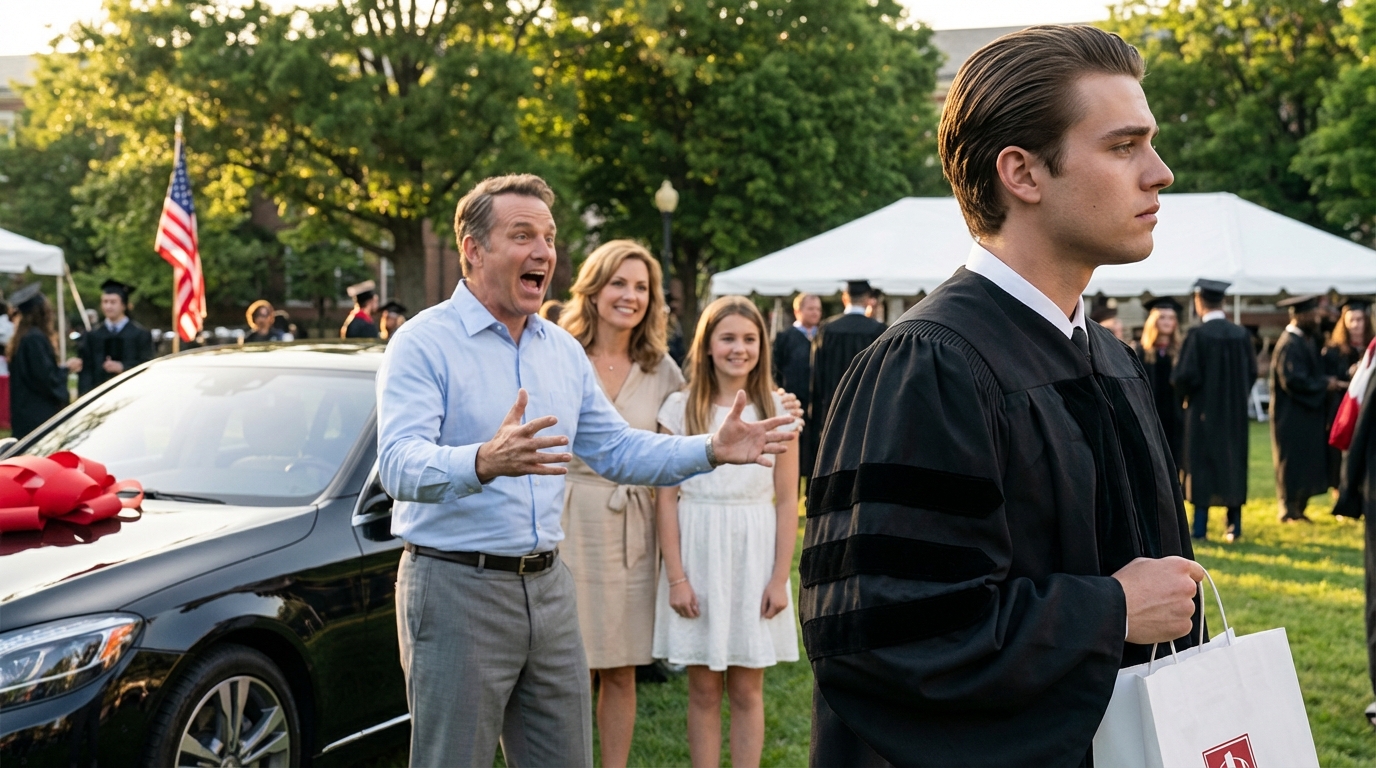 On graduation day, I stood in my cap & gown on the football field. Dad gave my sister a Corolla with a red bow, delivered a “favorite child” speech, and I got a quick hug and a “wasted potential” joke that made the whole row burst out laughing. I laughed too, took exactly three photos, then turned my back and headed to the train station at midnight. Five days later my aunt texted: “Mom’s been crying. She thought you’d just get over it…”