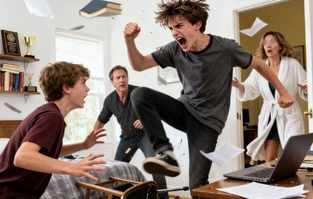 My stepbrother kicked down my bedroom door at 3 am, he screamed, “I want his room and I want it now.”… The house was still, heavy with the kind of silence that comes after midnight but before dawn. I was half asleep, drifting in the kind of liminal space where dreams and reality blur, when the crash ripped through it.