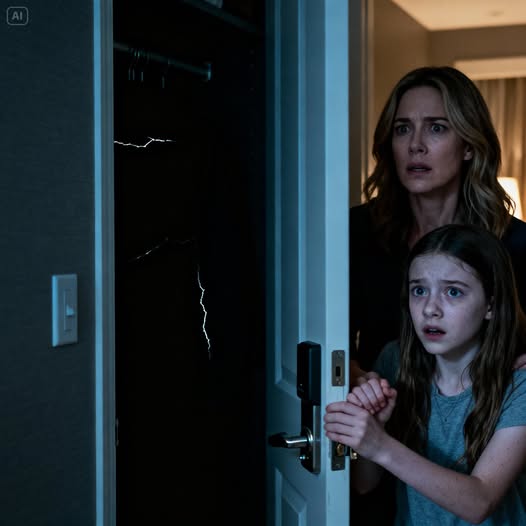 During our family vacation, the night felt calm—until my daughter’s grip tightened around my wrist. “Mom,” she whispered, voice shaking, “get in the closet. Right now.” Confused, I obeyed. She pulled me inside and slammed the door. We stood in silence, barely breathing. Then the air changed. A soft click echoed through the room. The hotel door… was being unlocked.