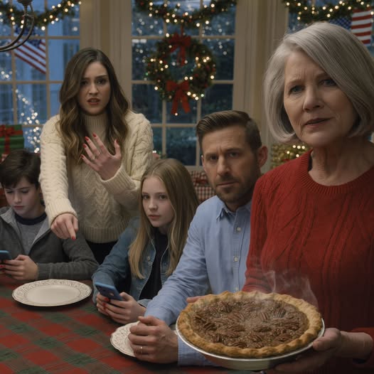 The pecan pie was still warm in my hands when Christmas dinner turned into a courtroom: my daughter-in-law stood up, leaned across the table, and announced I had two options—pay $1,200 a month “rent” or get out—while the lights on the porch kept blinking and my own son sat in the chair his father built, quiet as if this wasn’t happening to his mother.