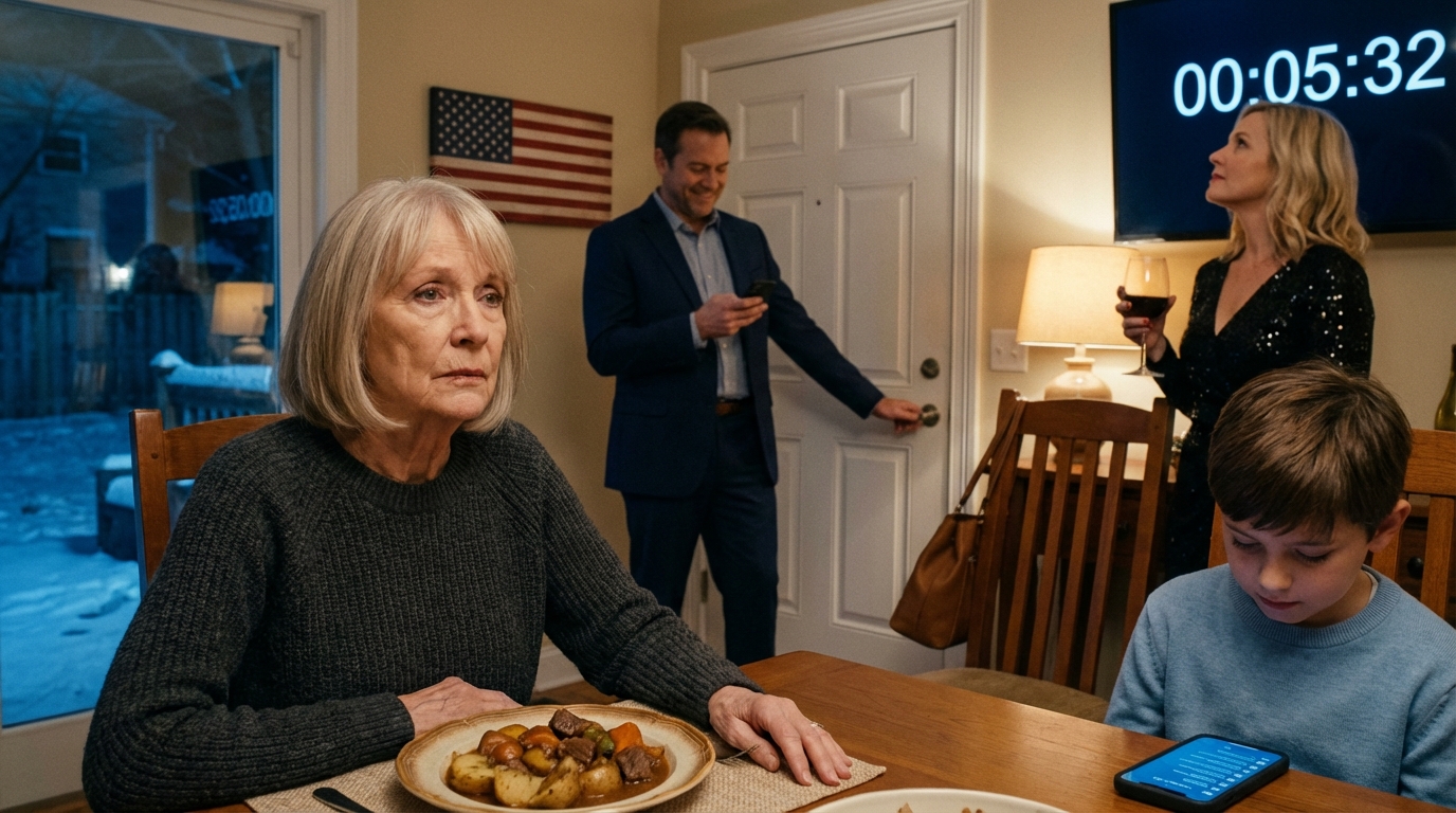 During New Year’s Eve dinner, my son’s phone lit up for the third time, and the way his smile tightened told me this wasn’t a harmless “work call.” The pot roast was still steaming, the garlic potatoes still being passed, the countdown special murmuring from the TV like background snow, yet something colder than the winter outside had already slipped into my house—quiet, precise, and waiting for midnight to cover it.