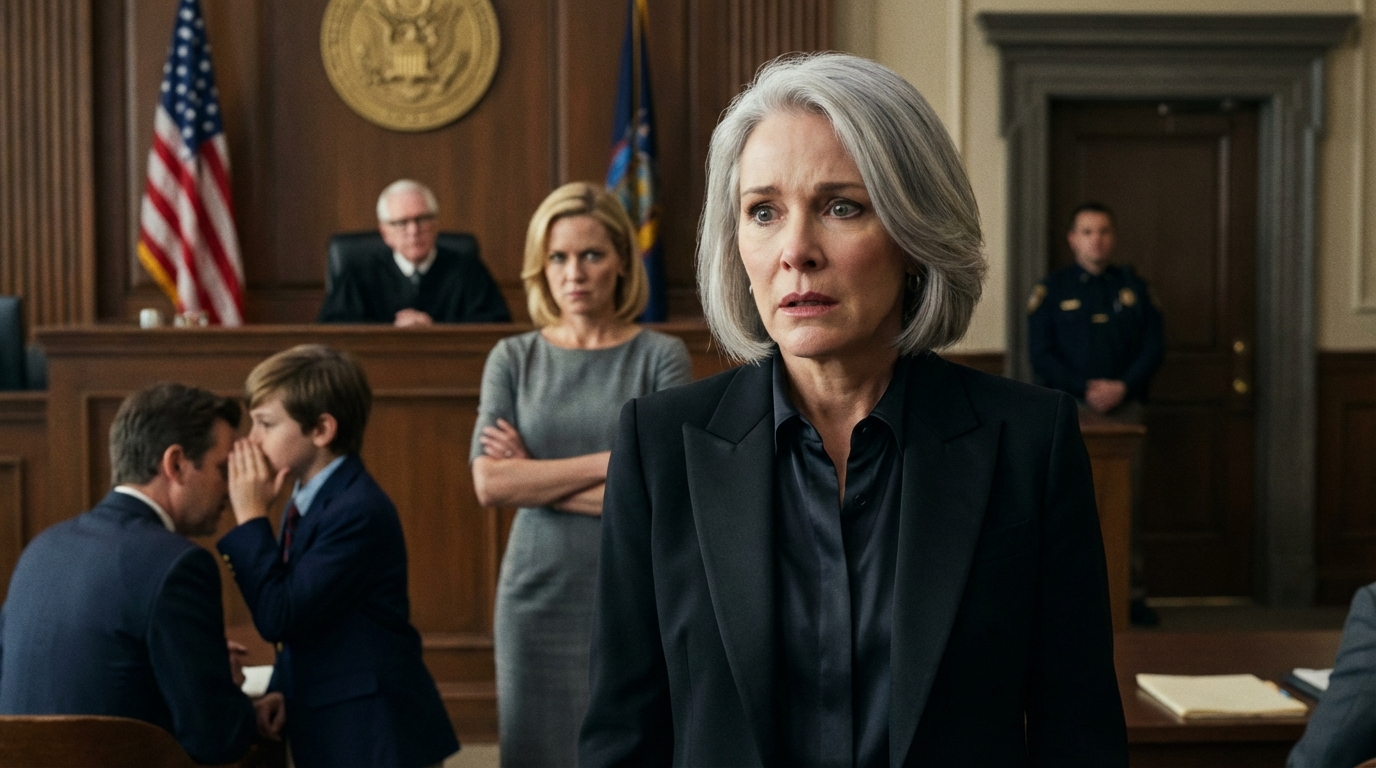 At my son’s funeral, his widow hugged me under the stained-glass windows and promised Ethan would always be “surrounded by family”—eight months later she stood in a county courtroom, smiled at the bench, and told the judge my 12-year-old grandson begged to live with her, and when Ethan rose in a navy blazer that didn’t fit his shoulders, he asked one quiet question that made her face change before he even hit play.