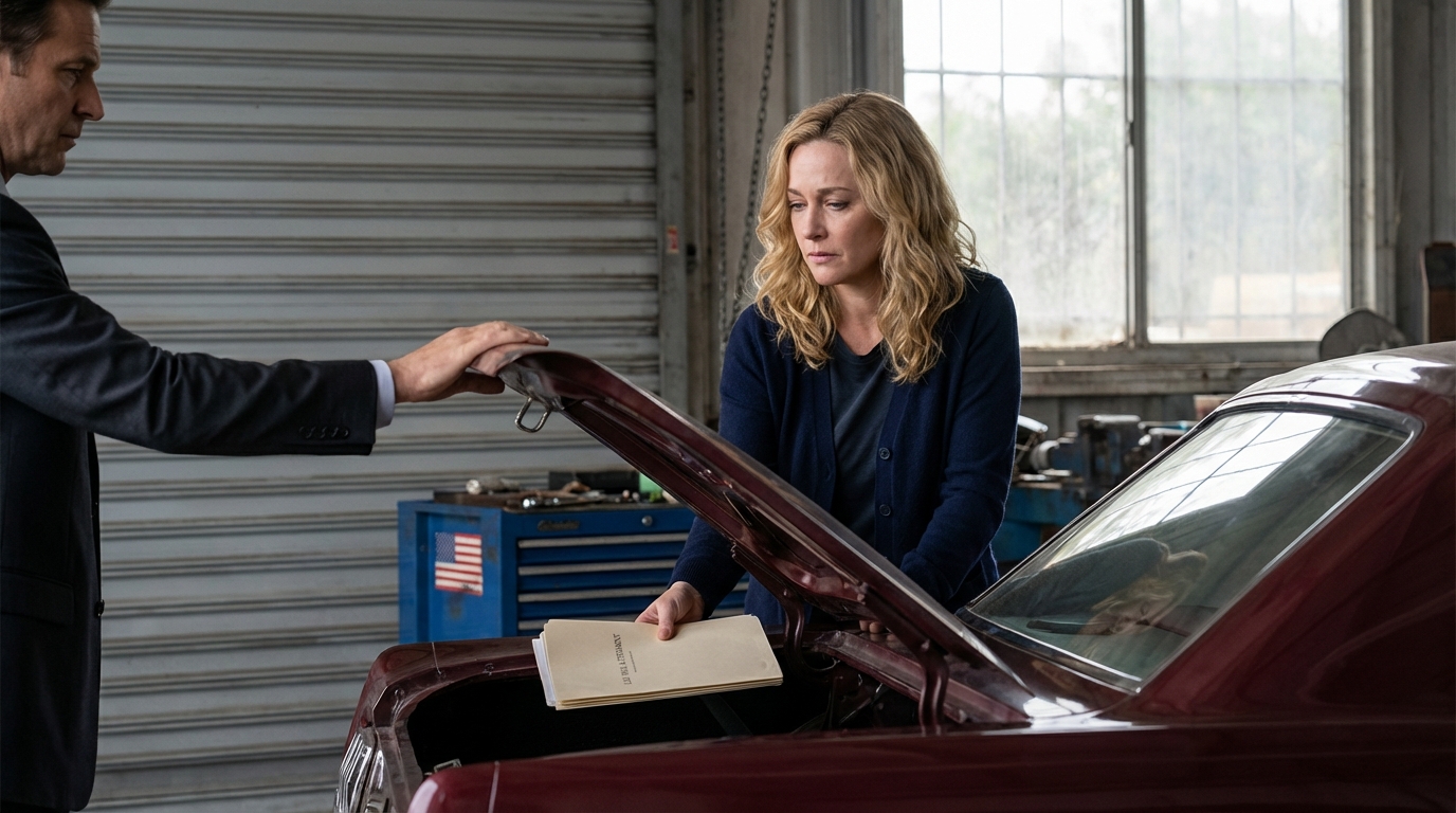 My son sold his late husband’s vintage car. When I saw the garage empty, my son said, ‘I’ve sold it. My wife wants to go to Paris, don’t be sad!’ I was still trembling when the dealership owner called and said, ‘Ma’am, your husband left something inside…’ Then his voice dropped: ‘Please come here today, this is not something I can discuss over the phone.’