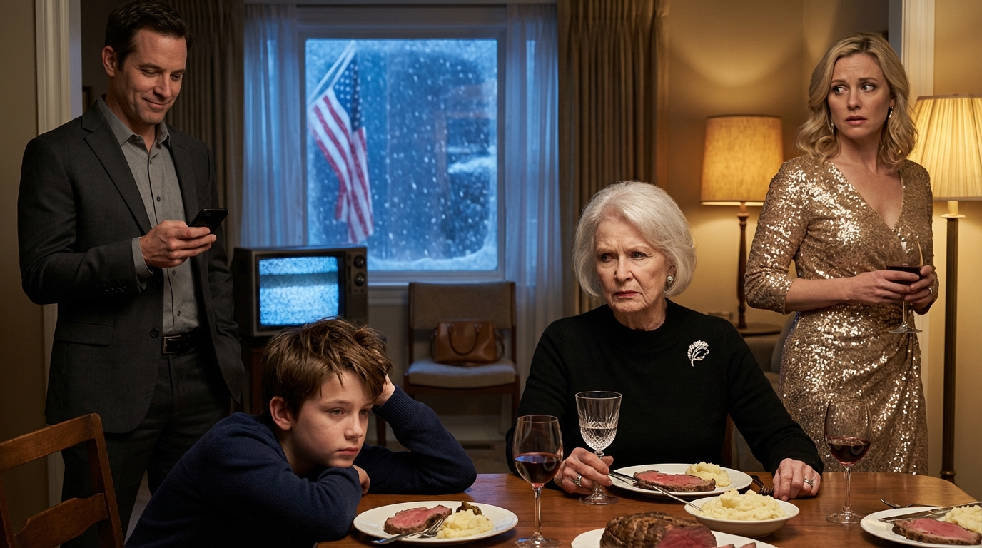 During New Year’s Eve dinner, my son slipped out for “a quick call.” My grandson followed. Seconds later, he ran back trembling and whispered one word. I didn’t yell—I smiled and texted one name. Fifteen minutes later… the door burst open…