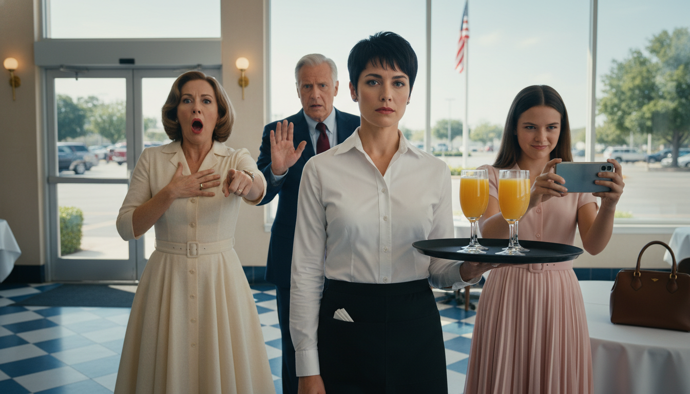 On Mother’s Day 2026, my mom took my sister to brunch at the exact restaurant where I worked as a waitress. She looked up, saw me in my uniform, and said, “Oh. We didn’t know you worked here. How embarrassing for us.” She said it loudly enough for six nearby tables to hear. I smiled, picked up the menu, and said four words. Just one minute later, my manager hurried straight over to their table.