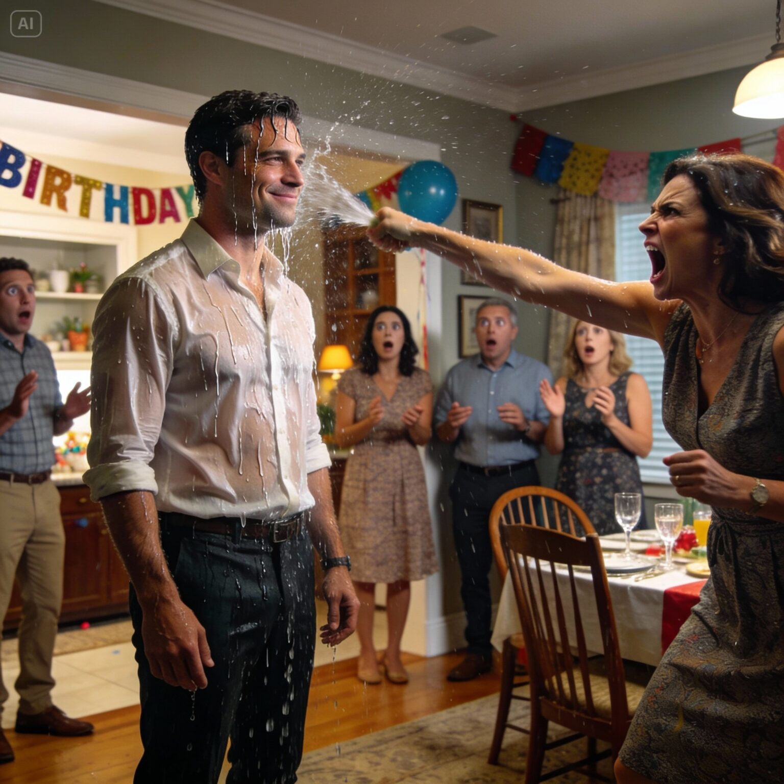 My stepmother splashed water in my face in front of everyone and screamed, “You’re not family!” I hadn’t even been invited to my own father’s birthday, but I just smiled and said, “You’ll regret that.” Moments later, when my dad’s billionaire investor walked through the door and called out my name, every single face in the room went pale — the silence was deafening..