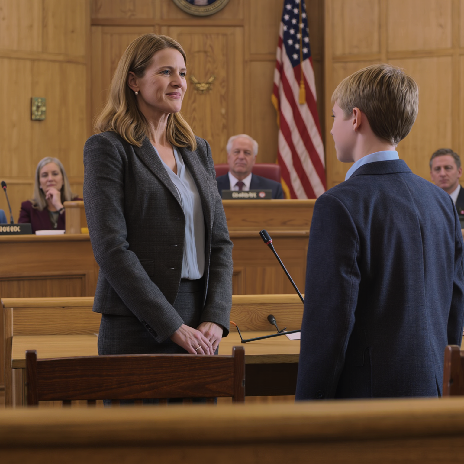 At my son’s funeral, his widow hugged me under the stained-glass windows and promised Ethan would always be “surrounded by family”—eight months later she stood in a county courtroom, smiled at the bench, and told the judge my 12-year-old grandson begged to live with her, and when Ethan rose in a navy blazer that didn’t fit his shoulders, he asked one quiet question that made her face change before he even hit play.