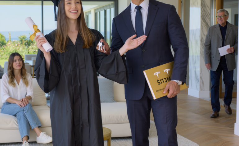 My parents always treated me like the “hopeless one,” while my sister earned a full ride to Harvard. On her graduation day, Dad announced she’d inherit everything— a new Tesla and a $13M mansion. I sat in the back, silent. Until a stranger walked in, handed me an envelope, and whispered, “Now’s the time to show them who you really are…”