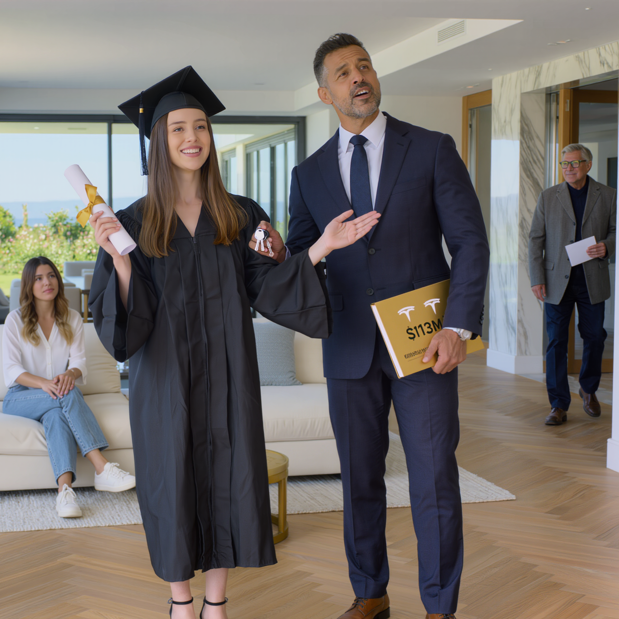 My parents always treated me like the “hopeless one,” while my sister earned a full ride to Harvard. On her graduation day, Dad announced she’d inherit everything— a new Tesla and a $13M mansion. I sat in the back, silent. Until a stranger walked in, handed me an envelope, and whispered, “Now’s the time to show them who you really are…”
